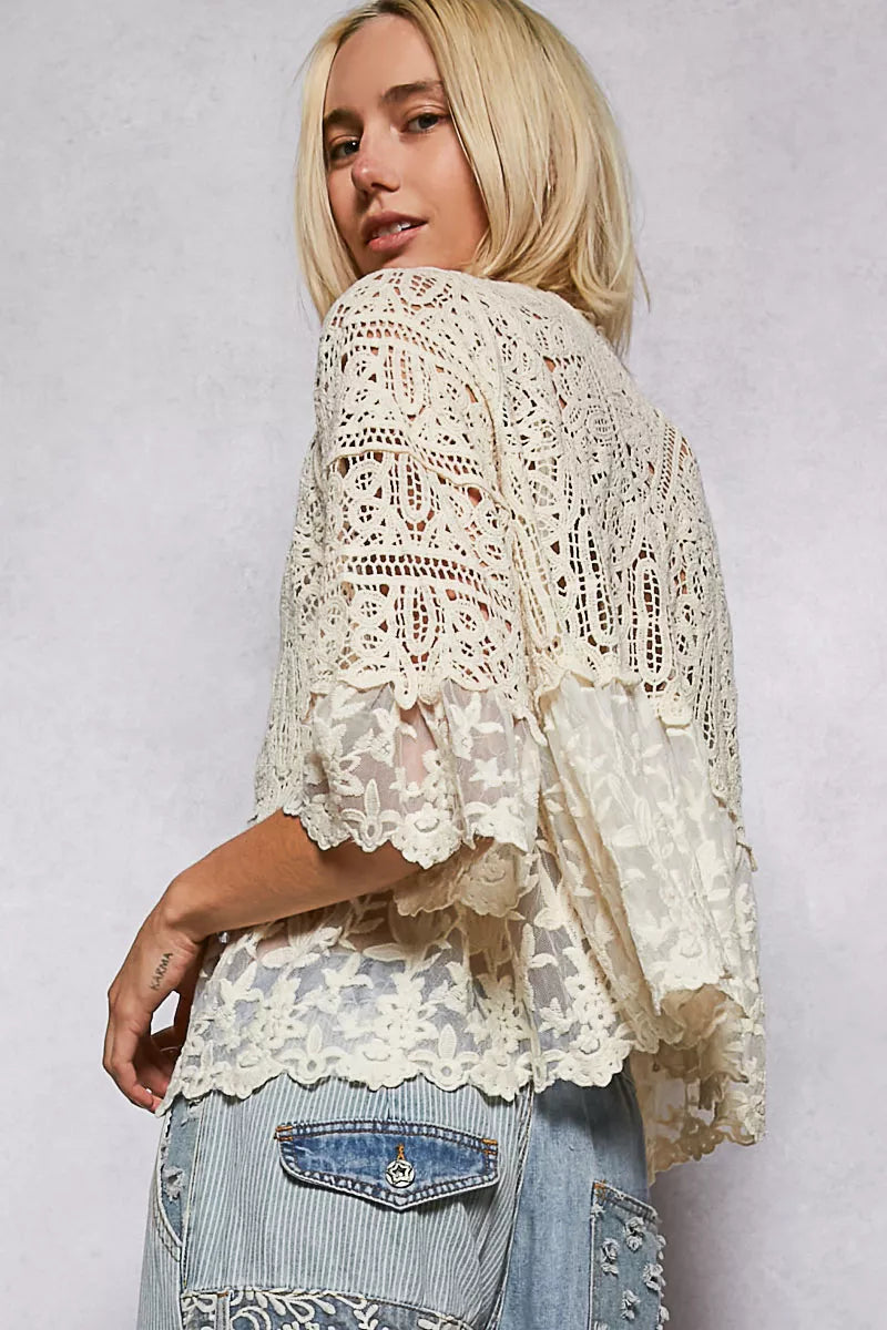 Back view crochet cardigan, floral lace yoke, scalloped hem, natural