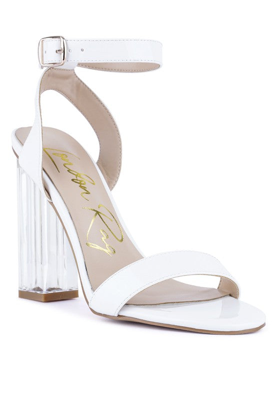White chunky clear high-heel sandals, wide ankle strap, open toe