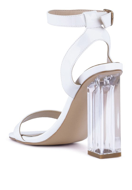 White clear block heel sandals with ankle strap, open toe