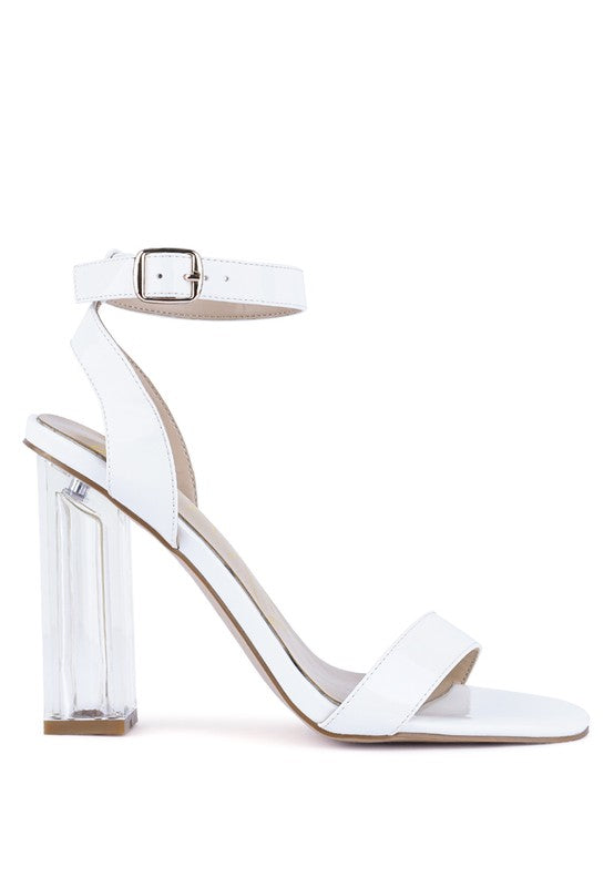 White chunky clear high-heel sandals, ankle strap, open toe