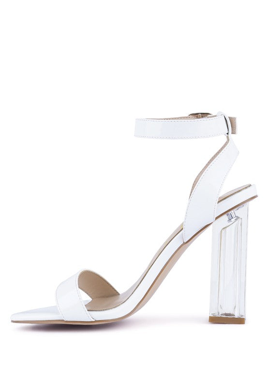 White strappy chunky clear high-heel sandals with ankle strap, open toe
