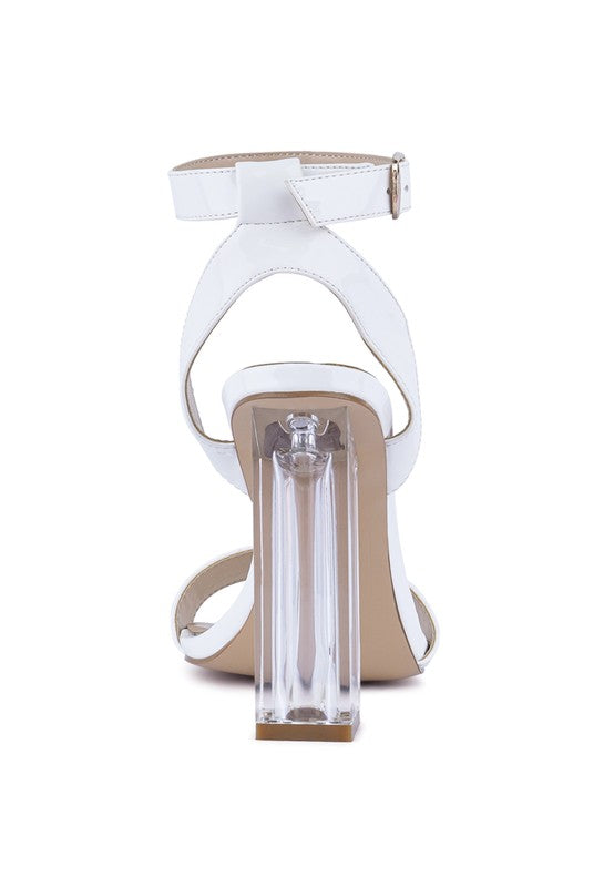 White clear high-heel sandals with ankle strap and open toe