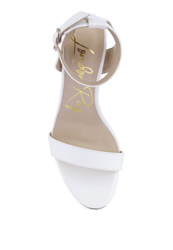 White sandals with ankle strap, open toe, clear chunky heel