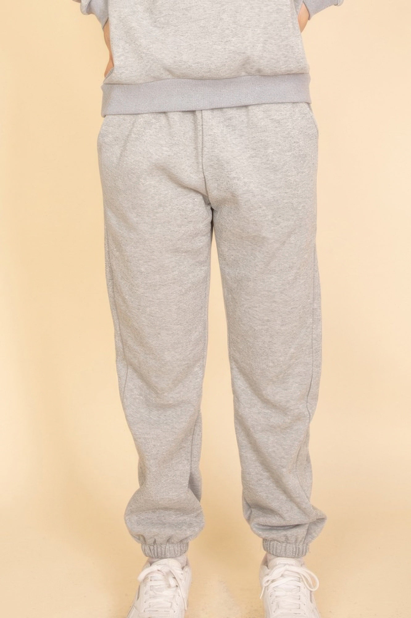 Poly fleece joggers, heather grey with elastic waistband and cuffed ankles