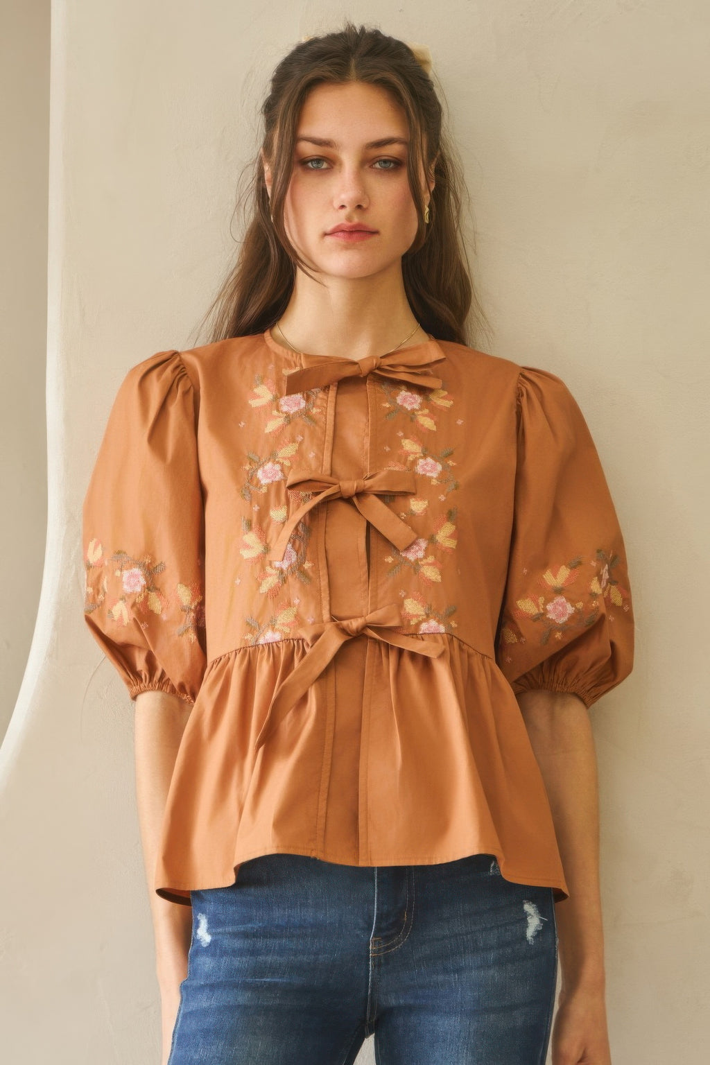Poplin front ribbon tie blouse in chesnutt brown with pink floral embroidery