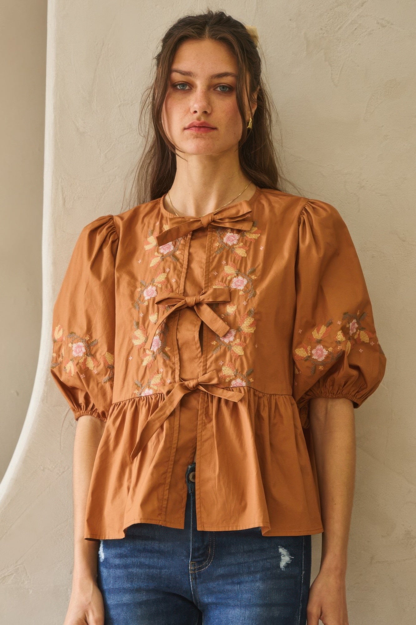 Chesnutt brown poplin blouse with gathered peplum waist and front ribbon tie