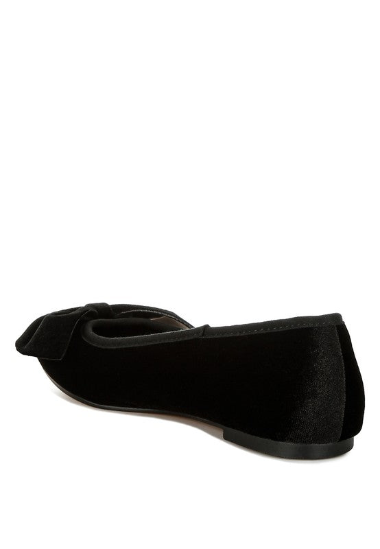 Black velvet ballerina flats, side view with tied bow