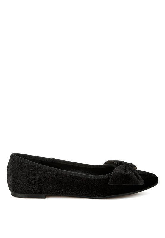 Black velvet ballerina flats, low-profile sole and bow detail