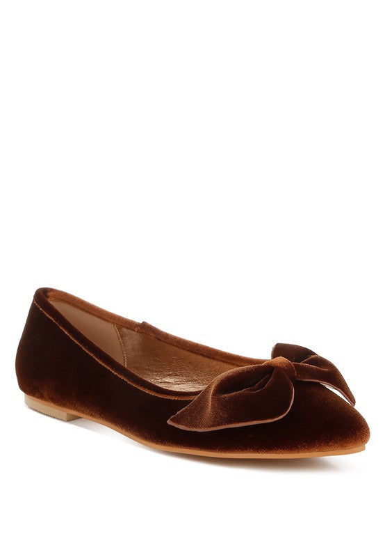 Bronze velvet bow ballerina flats with round toe