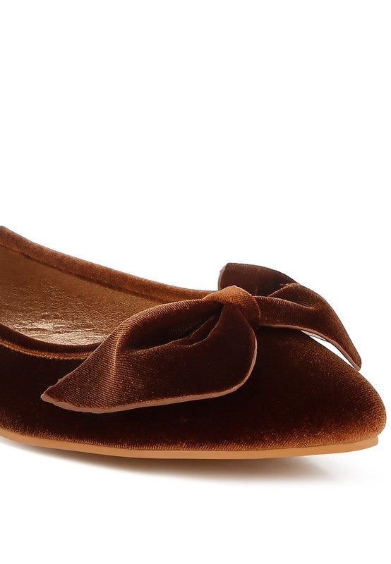 Bronze velvet bow ballerina flats, close-up side view