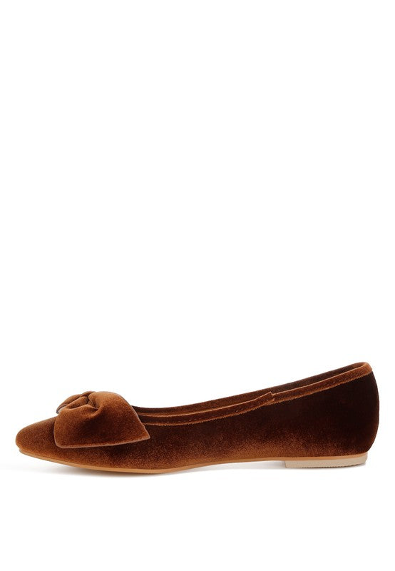 Bronze velvet bow ballerina flats, profile view