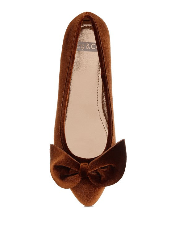 Bronze velvet ballerina flats, bow detail on pointed toe