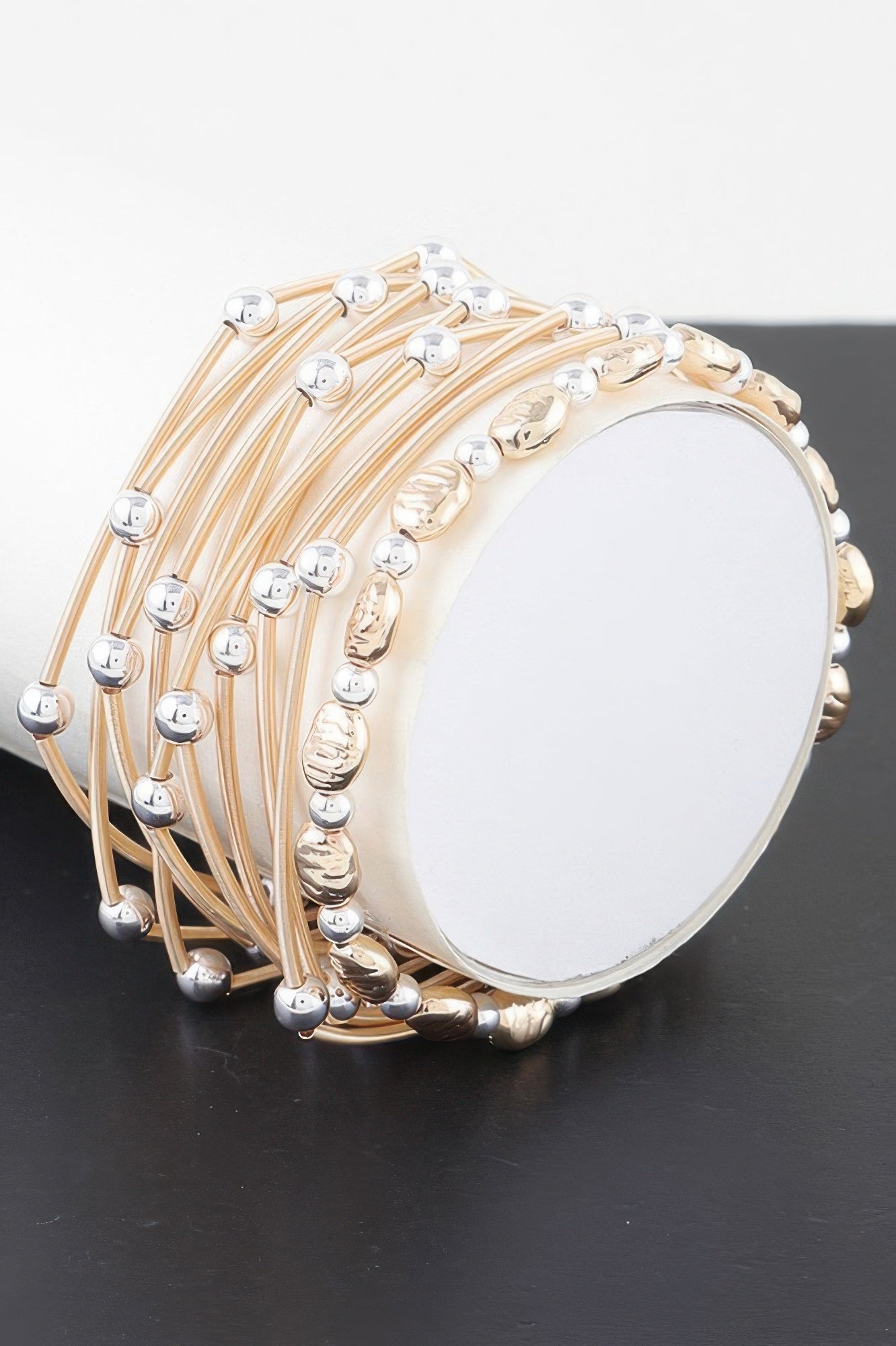 Gold Precious Metal Stackables Bracelet set of multiple bangles with bead accents