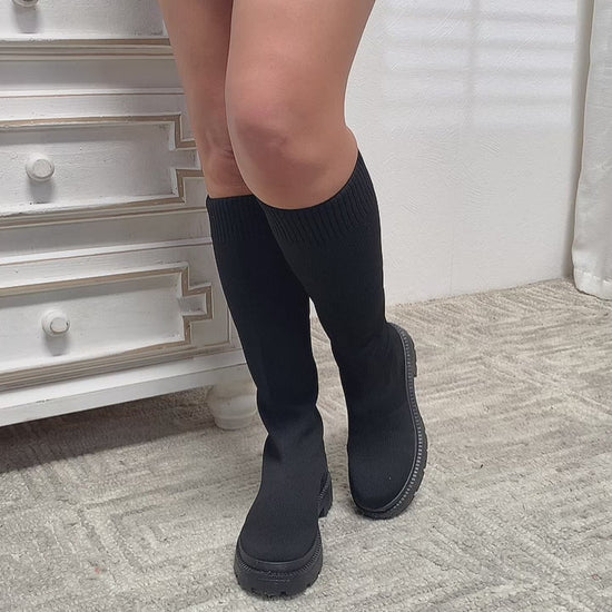 Black Knee-High Platform Sock Boots | Tigbuls Variety Fashion