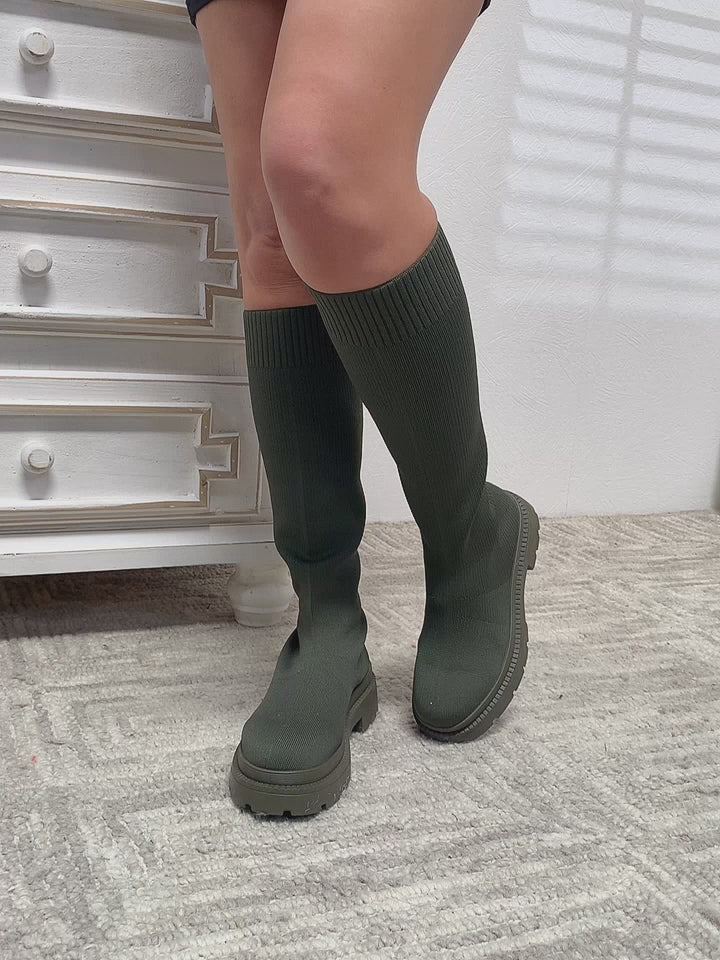 Olive Green Knee High Platform Sock Boots | Tigbuls Variety Fashion