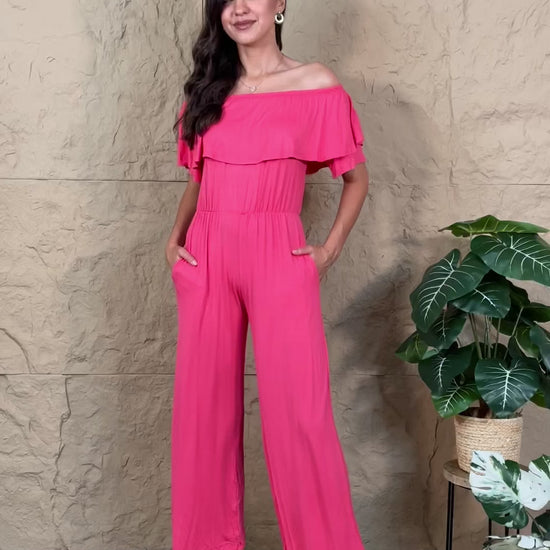 2XL Off-Shoulder Jumpsuit with Pockets in Coral Color | Tigbuls