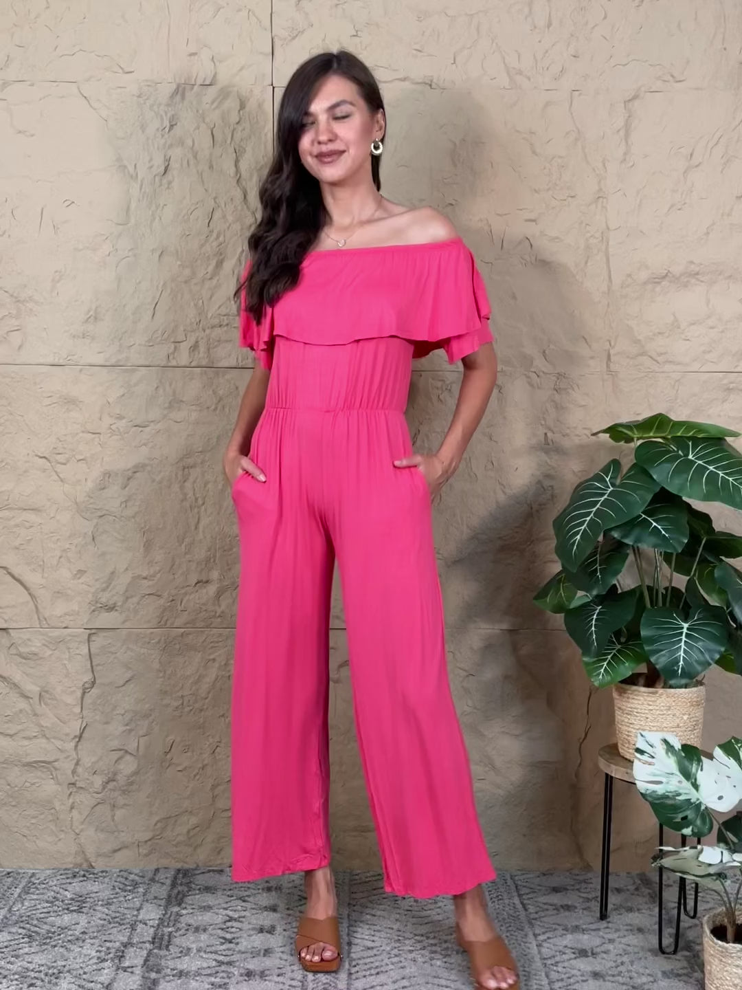 2XL Off-Shoulder Jumpsuit with Pockets in Coral Color | Tigbuls