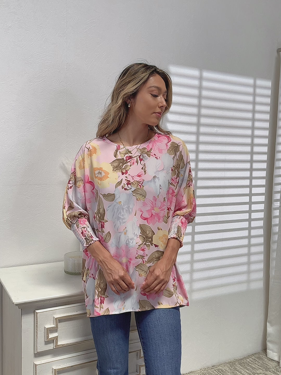 Video Size Small Pink Floral Three-Quarter Sleeve Top | Tigbuls Variety