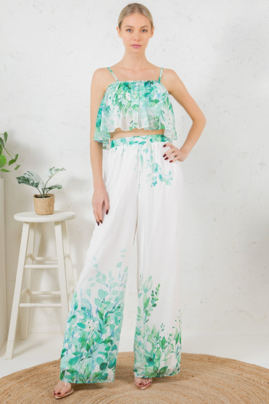 Smocked ruffle printed crop top with wide-leg long pants, white and green leafy print