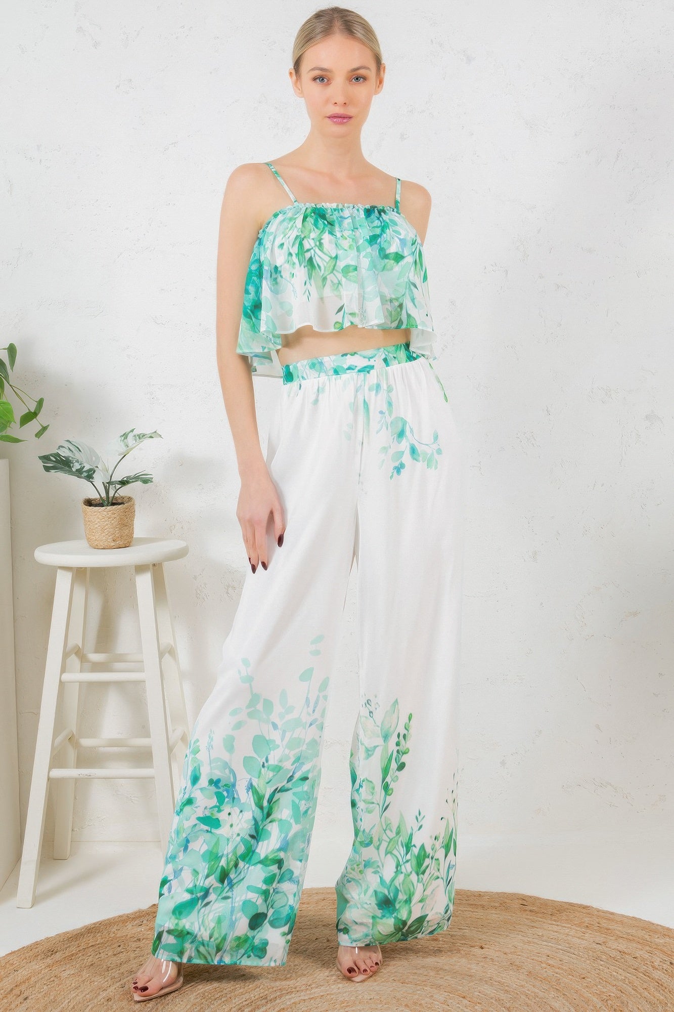 Printed crop top and wide-leg long pants set with green leaf accents on white