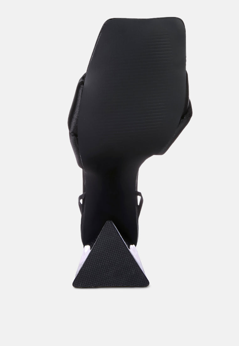 Black satin strap sandal back view with triangular block heel and ankle ties