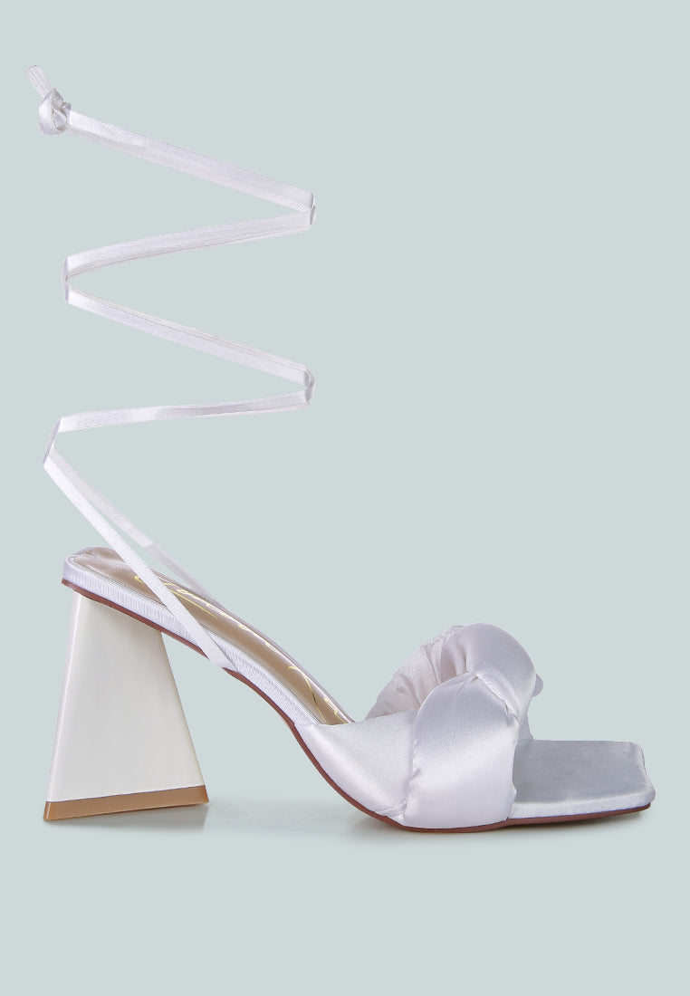 White satin strap triangular block heel sandals, twisted crisscross strap