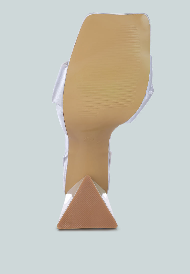 White satin sandal sole and block heel bottom view