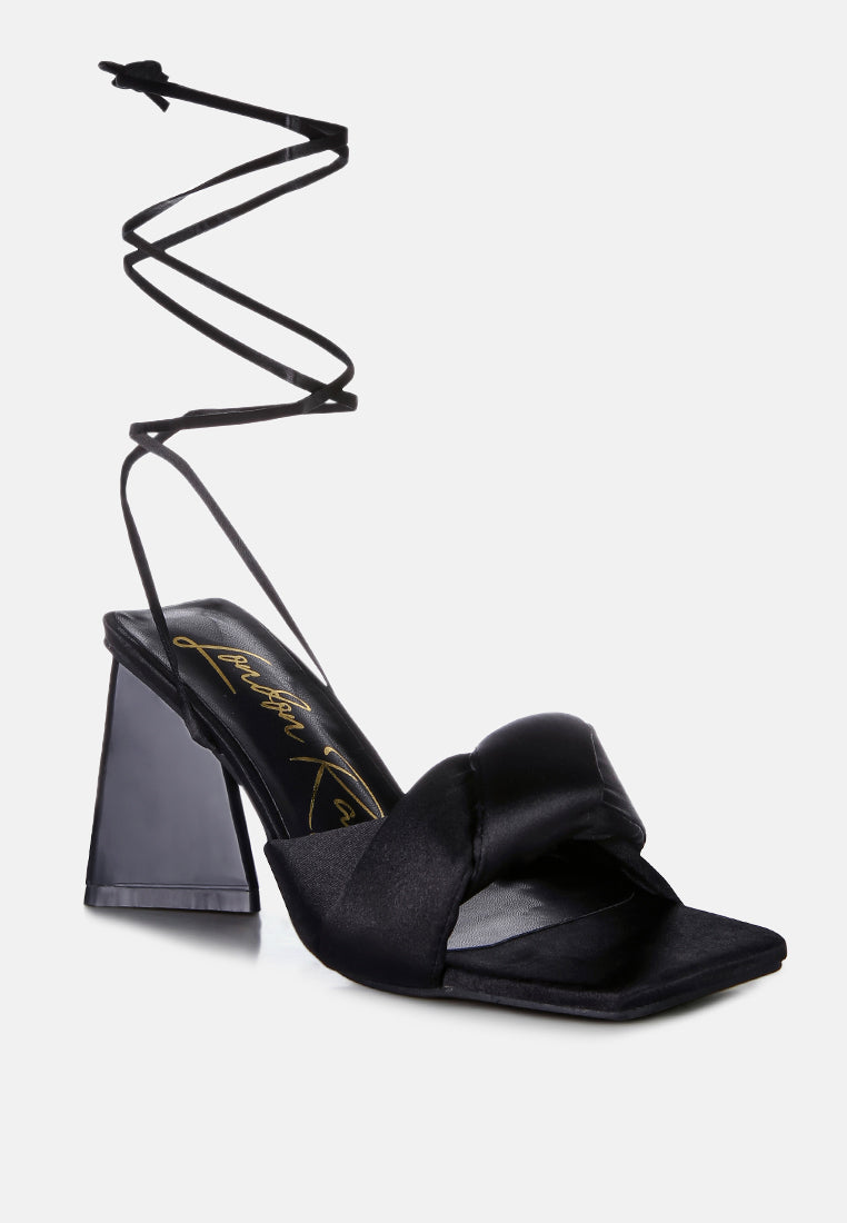 Black satin knot-strap triangular block-heel sandal with open toe
