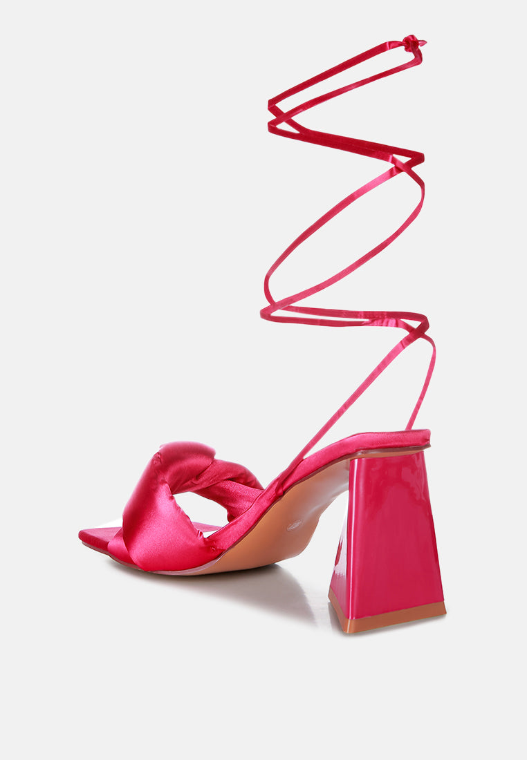 Hot pink satin ankle tie block heel sandal, side profile