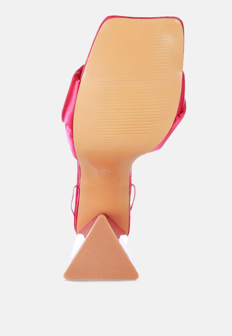 Pink satin strap triangular block-heel sandal with knotted ankle ties