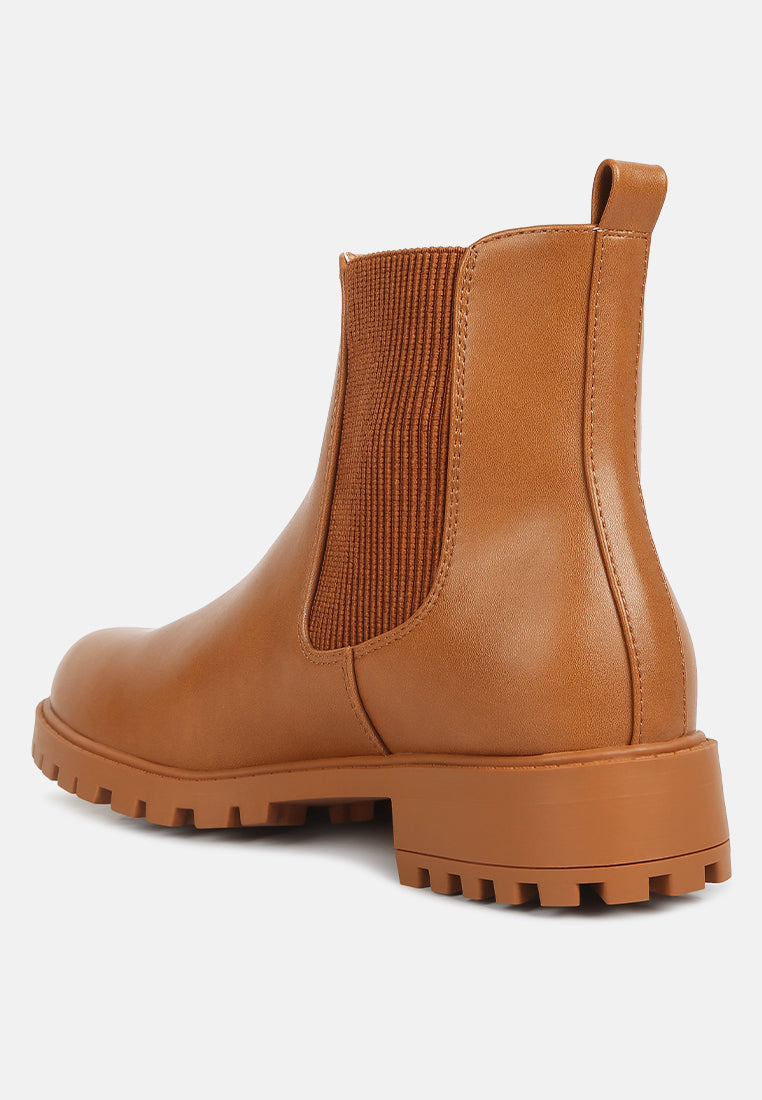 Tan Chelsea ankle boot with elastic side panel and stacked lug sole