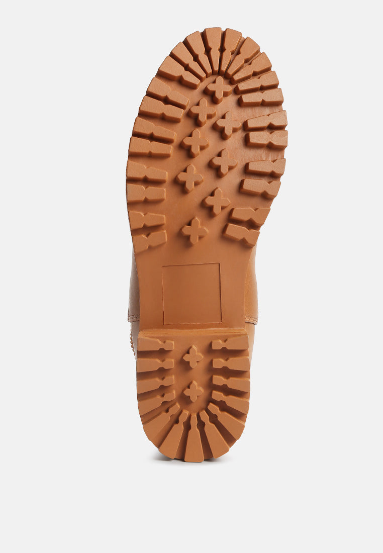 Outsole view of tan Chelsea boot with patterned lug tread