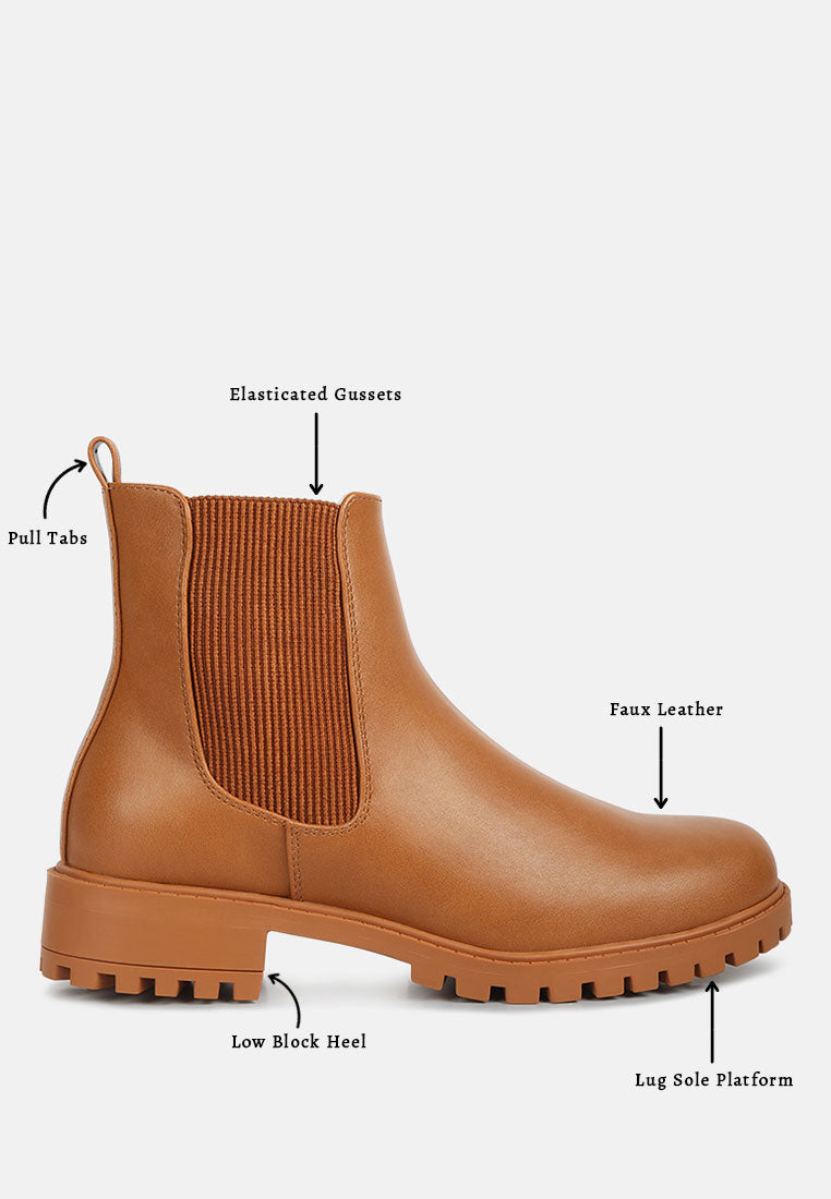 Tan Chelsea ankle boots features: elastic gore, faux leather, low block heel, lug sole
