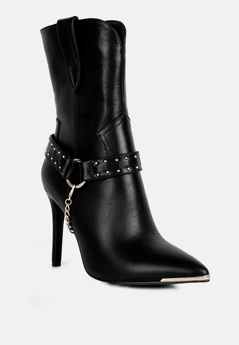 Black Pro Tip Bootie, back view: tall boot with studded belt and hanging chain