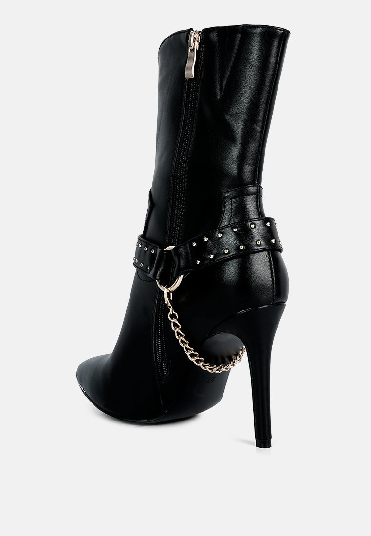 Black Pro Tip Bootie, side view: zipper boot with studded cuff and chain drop