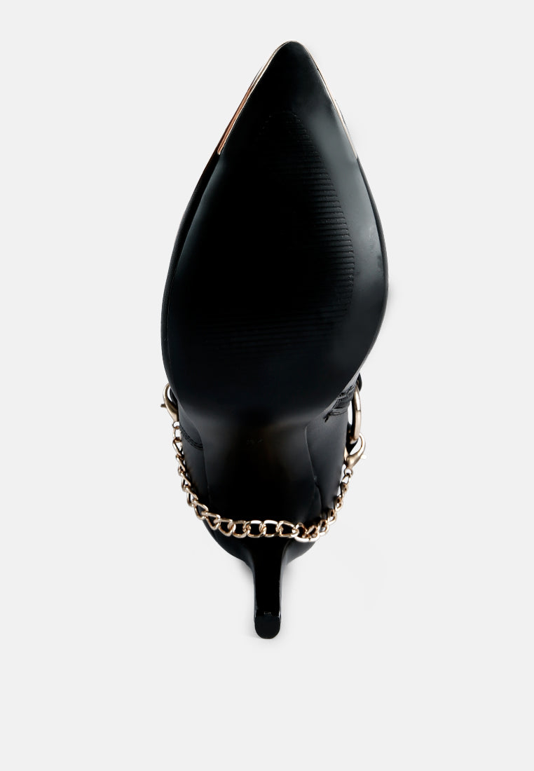 Black Pro Tip Bootie, pointed-toe view: chain link detail around the ankle