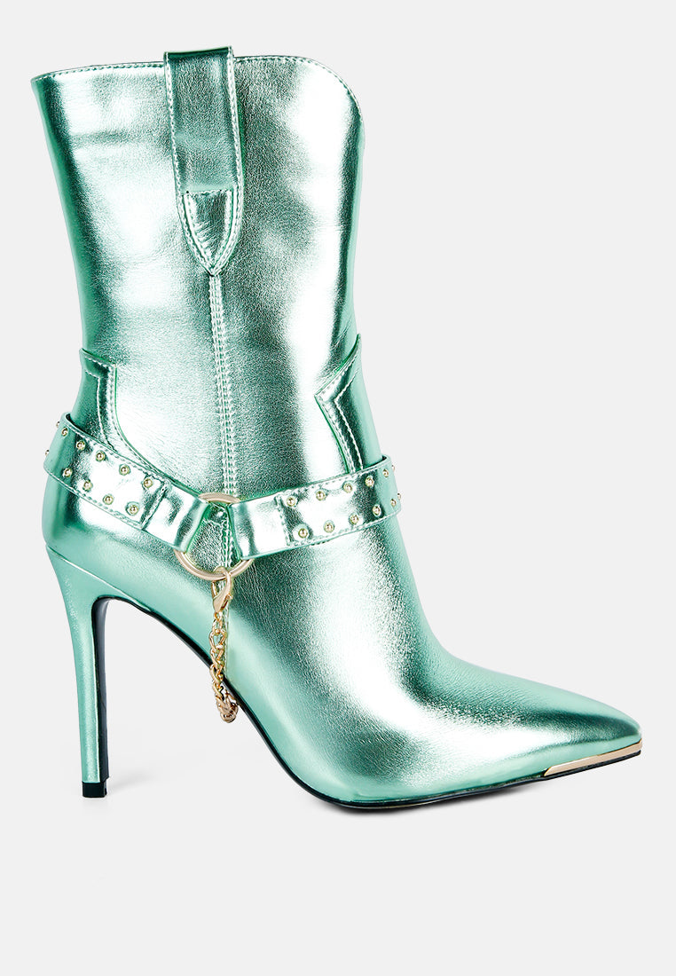 Green Pro Tip Bootie with studded strap and chain, pointed-toe high heel