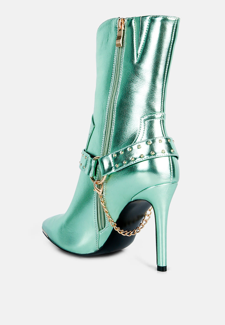 Green Pro Tip Bootie, heel side: high stiletto boot with studded ankle strap