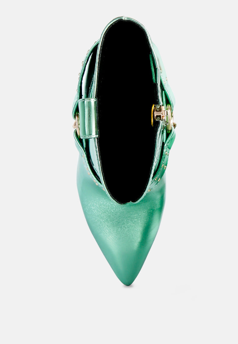 Green Pro Tip Bootie, toe view: pointed boot with buckle strap detail
