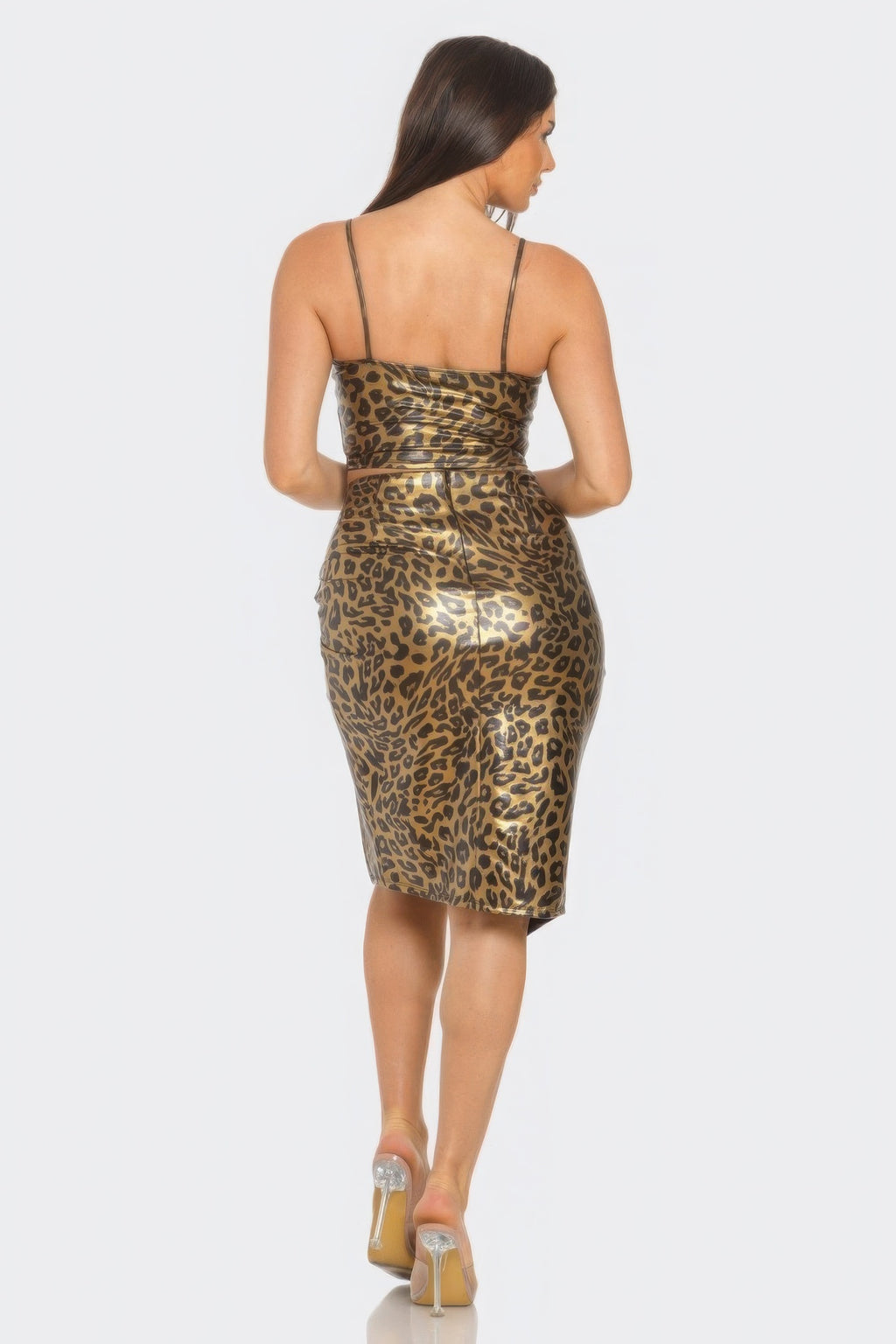 Back view of leopard-print wrap midi skirt with slit and cropped cami top