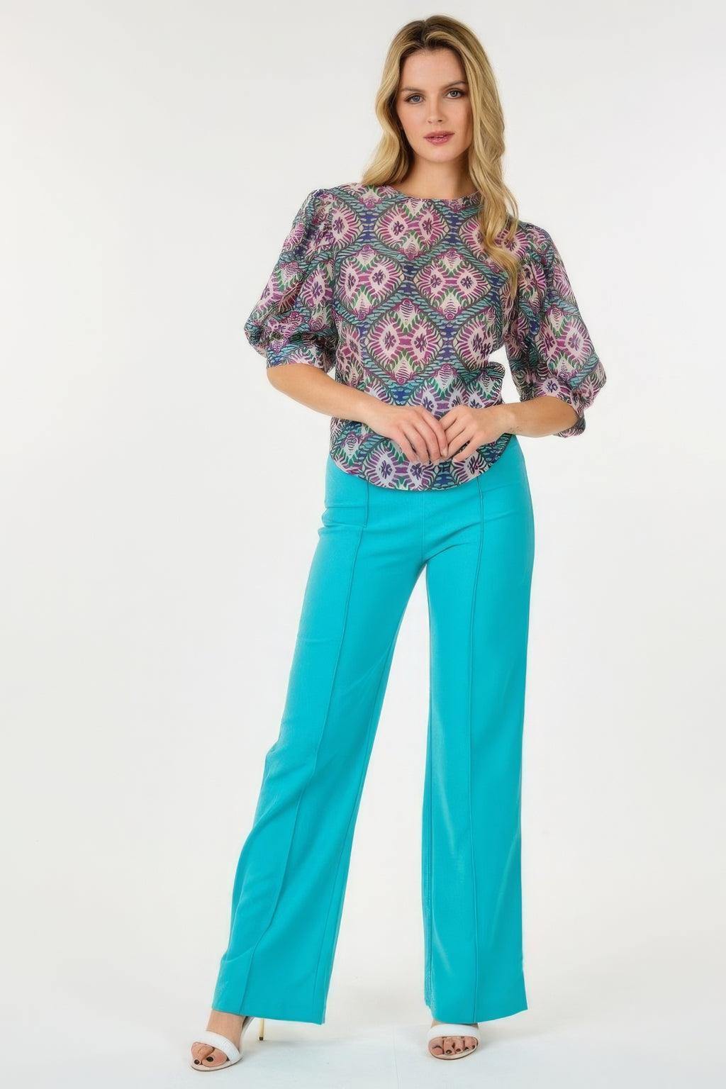 Multi-print puff sleeve blouse, crew neckline, colorful geometric motif