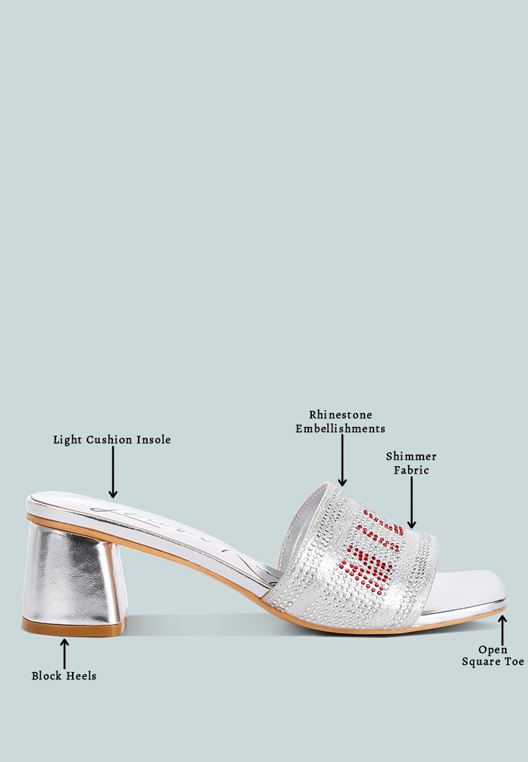 Silver rhinestone-embellished slide sandal: shimmer fabric, light cushion insole, block heel