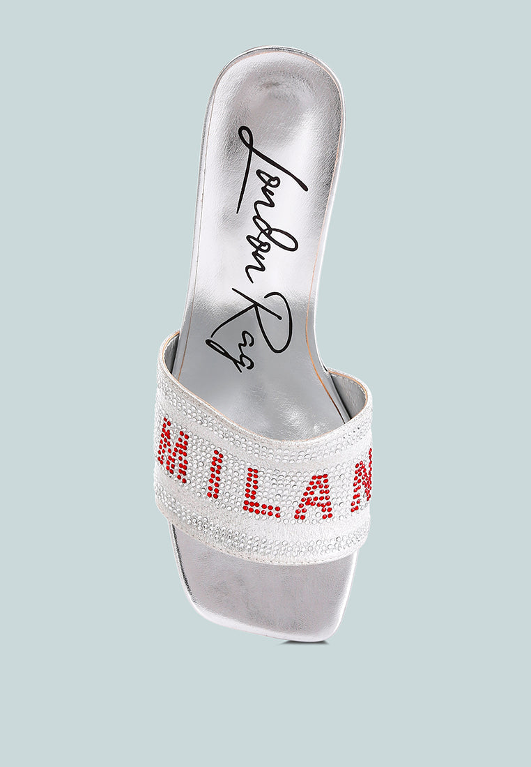 Silver slide sandal with rhinestone strap and cushioned footbed