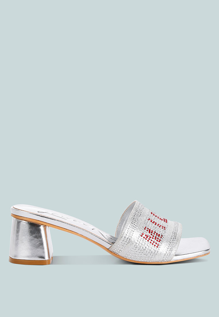 Silver rhinestone Milan sandals with block heel and open square toe
