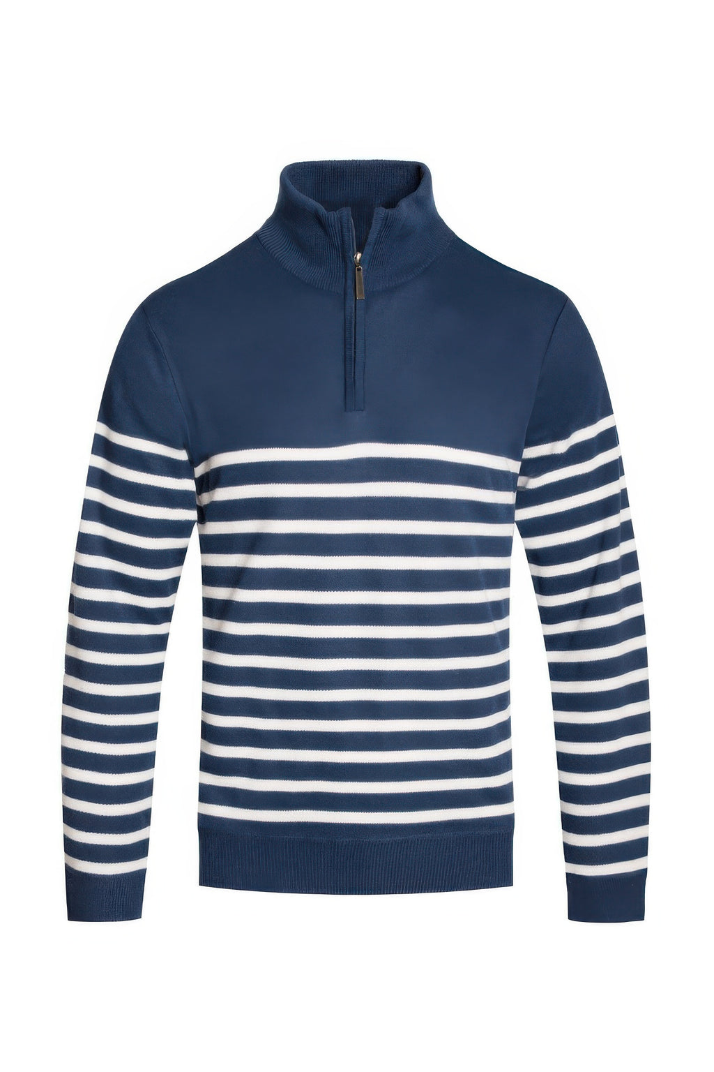 Blue quarter-zip pullover sweater with white horizontal stripes and long sleeves