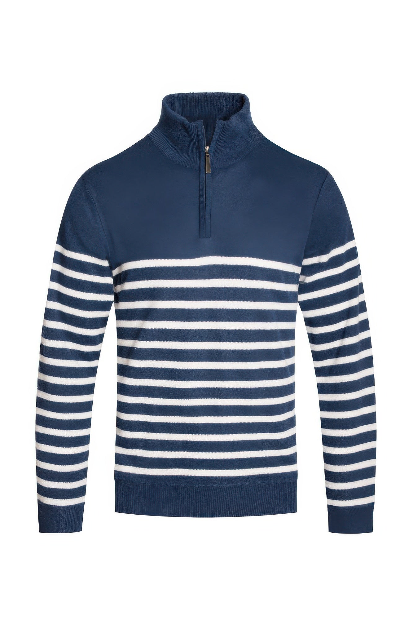 Blue quarter-zip knit sweater with ribbed stand collar, white striped bands