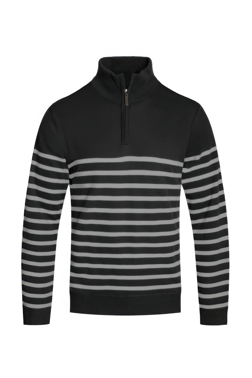 Black quarter-zip pullover sweater with white horizontal stripes and ribbed cuffs
