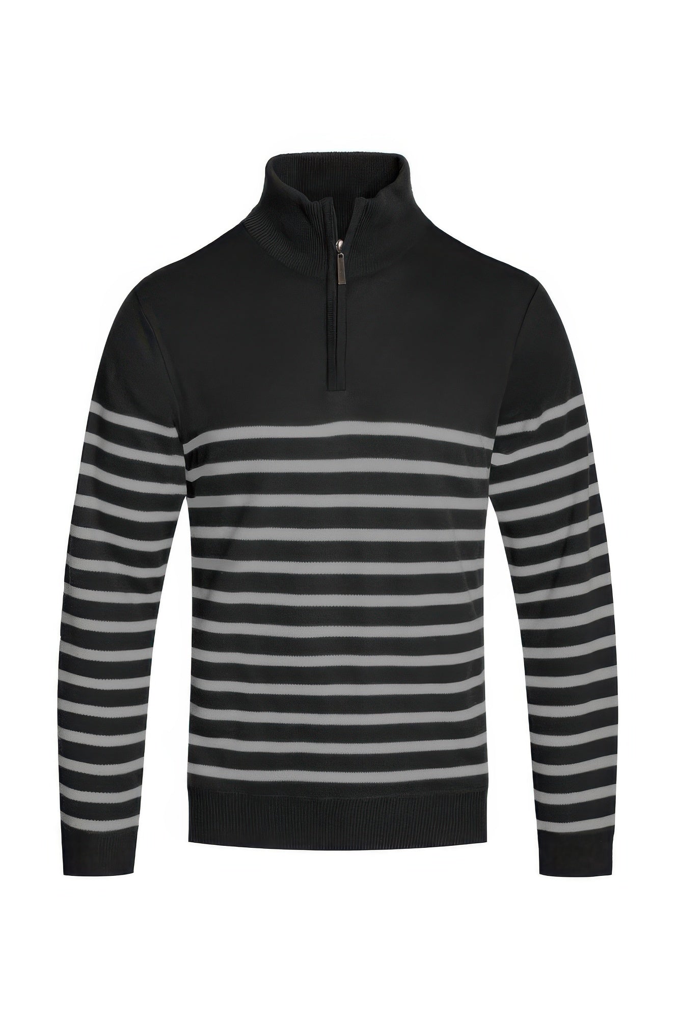 Black quarter-zip pullover sweater with white horizontal stripes and ribbed cuffs