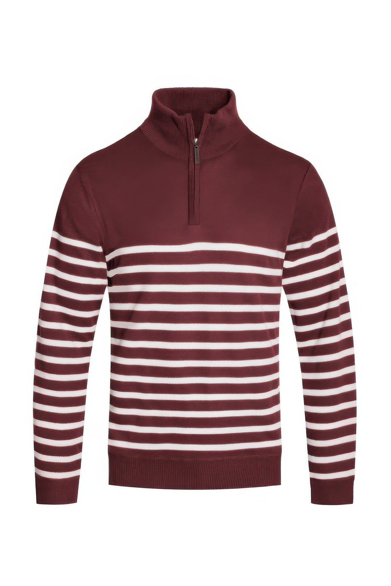 Burgundy quarter-zip pullover sweater with white horizontal striped front