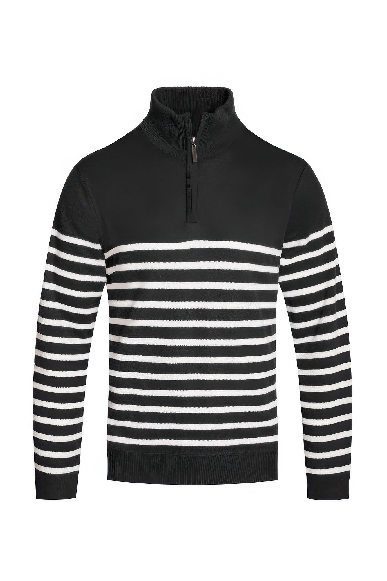 Black quarter-zip sweater with white striped band across chest and sleeves